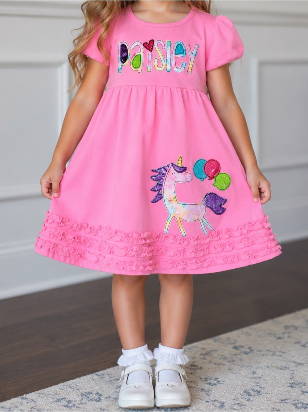 Girls Pink Unicorn Ruffle Dress - Kids Casual